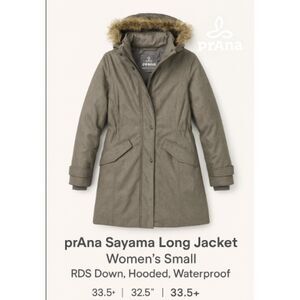 prAna Sayama Long Puffer Jacket Women’s S Grey RDS Down Hooded Waterproof Eco